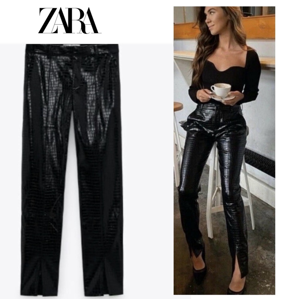 Zara Women Black Croc embossed Animal Faux Leather Pleather Vegan Pants M NWOT